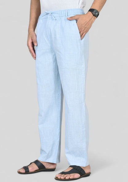 Light Blue Premium Linen Relaxed Fit Loose Fit Men Trouser-50471