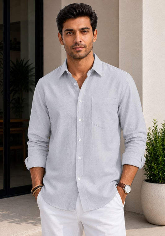 Light Gray Cotton Linen Relaxed Fit Full Sleeve Shirt-51886