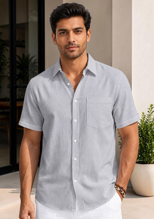 Light Gray Linen Relaxed Fit Half Sleeve Shirt-51710