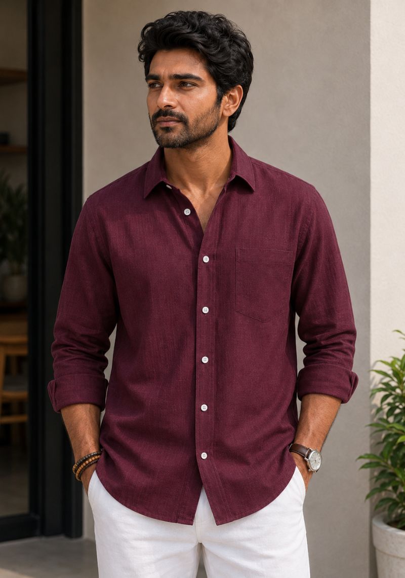 Maroon Cotton Linen Relaxed Fit Full Sleeve Shirt-51887