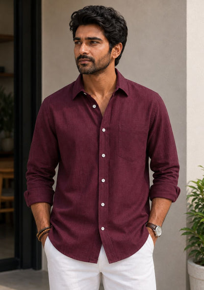 Maroon Cotton Linen Relaxed Fit Full Sleeve Shirt-51887