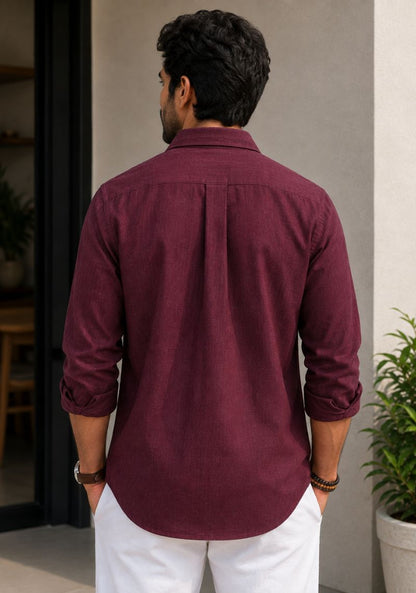Maroon Cotton Linen Relaxed Fit Full Sleeve Shirt-51887