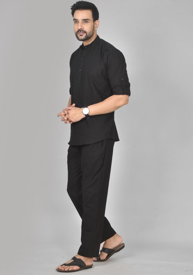 Men Cotton Solid Co-ord Set Black-50217