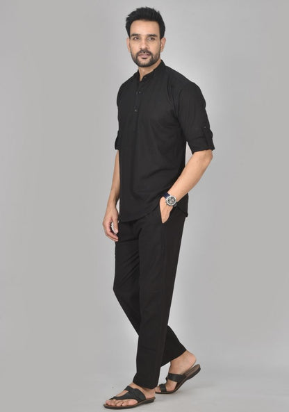 Men Cotton Solid Co-ord Set Black-50217