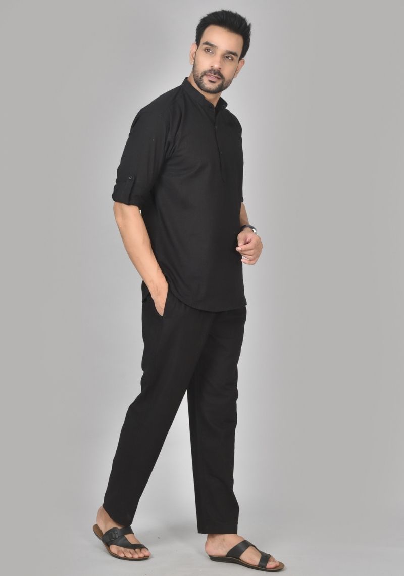 Men Cotton Solid Co-ord Set Black-50217