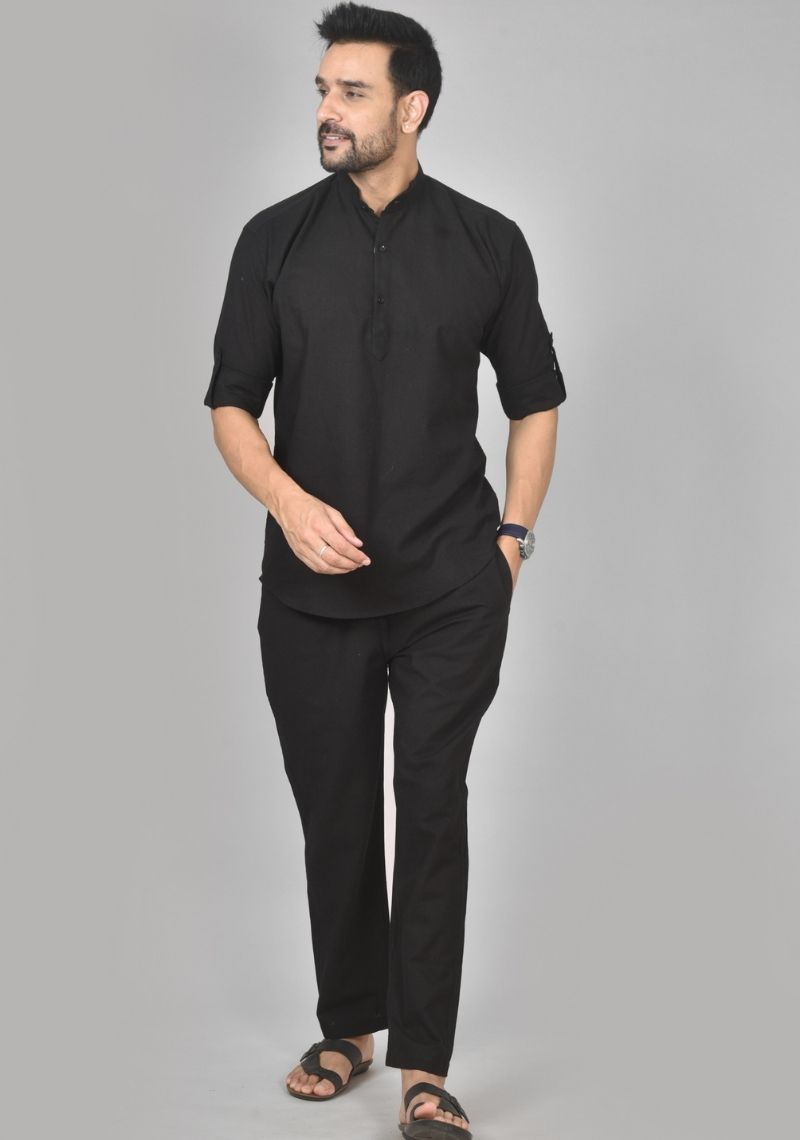 Men Cotton Solid Co-ord Set Black-50217