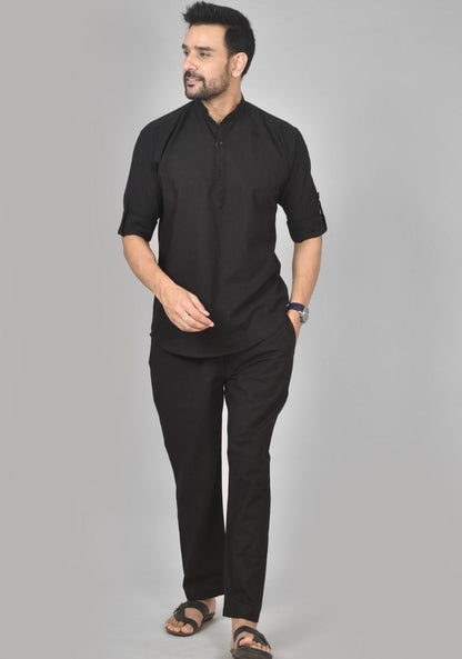 Men Cotton Solid Co-ord Set Black-50217