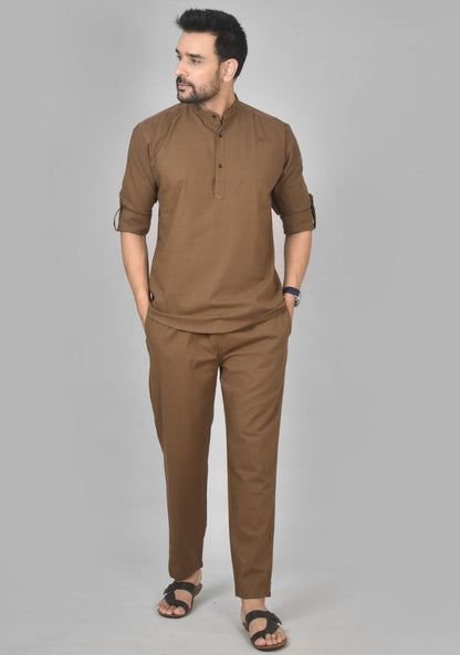 Men Cotton Solid Co-ord Set Brown-50209