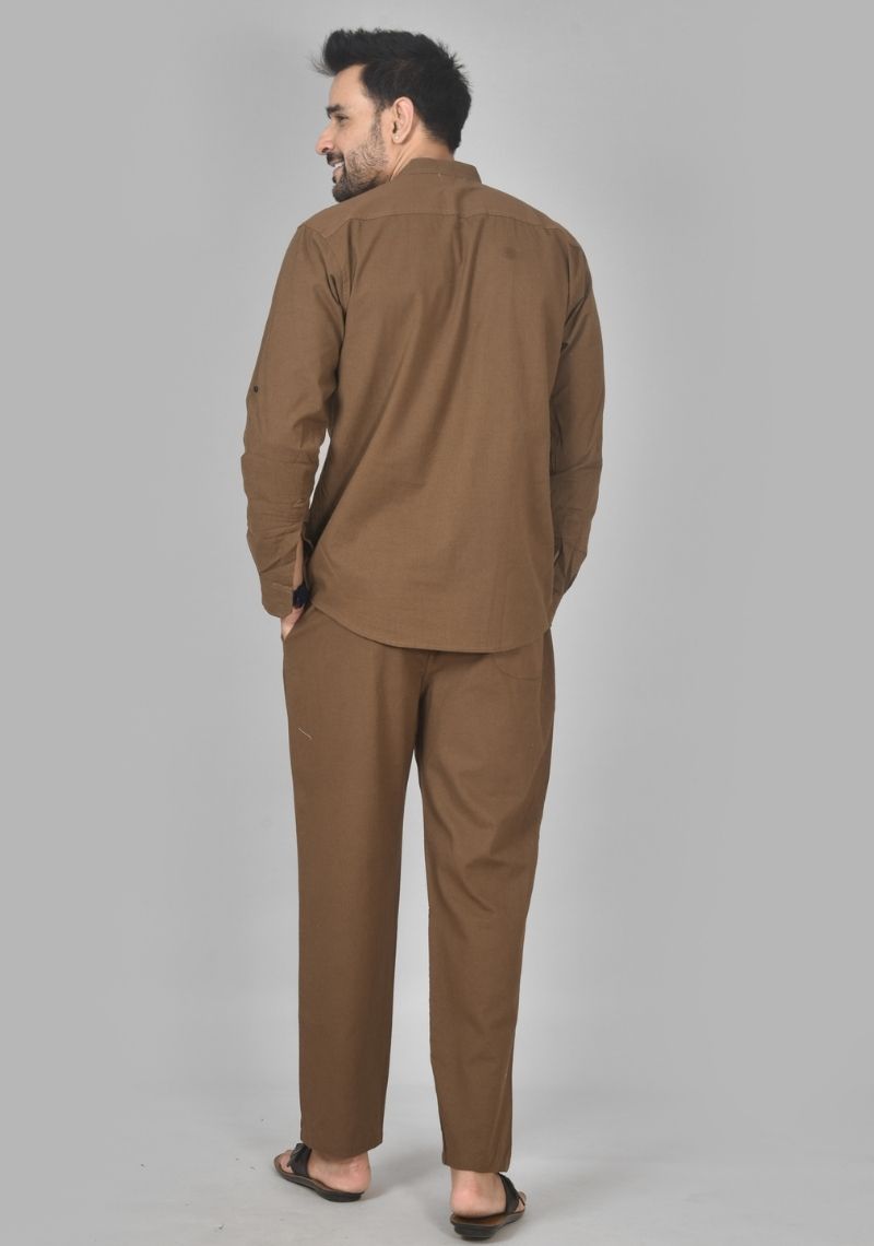 Men Cotton Solid Co-ord Set Brown-50209