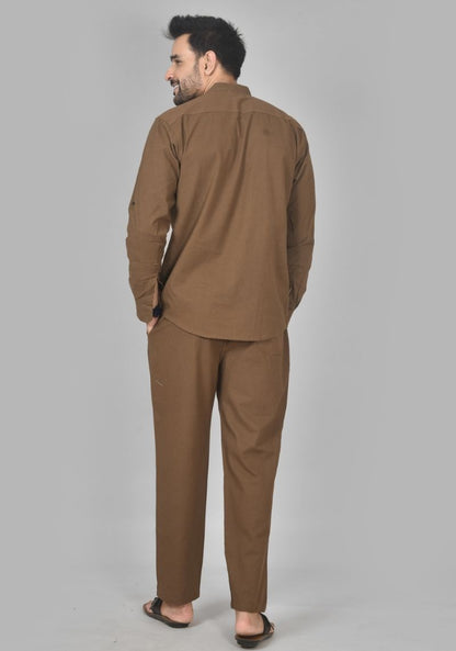 Men Cotton Solid Co-ord Set Brown-50209