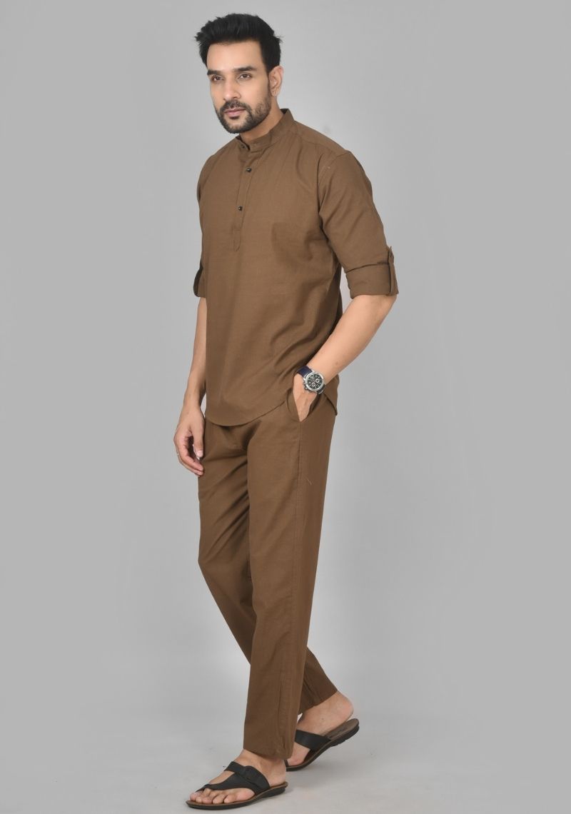Men Cotton Solid Co-ord Set Brown-50209