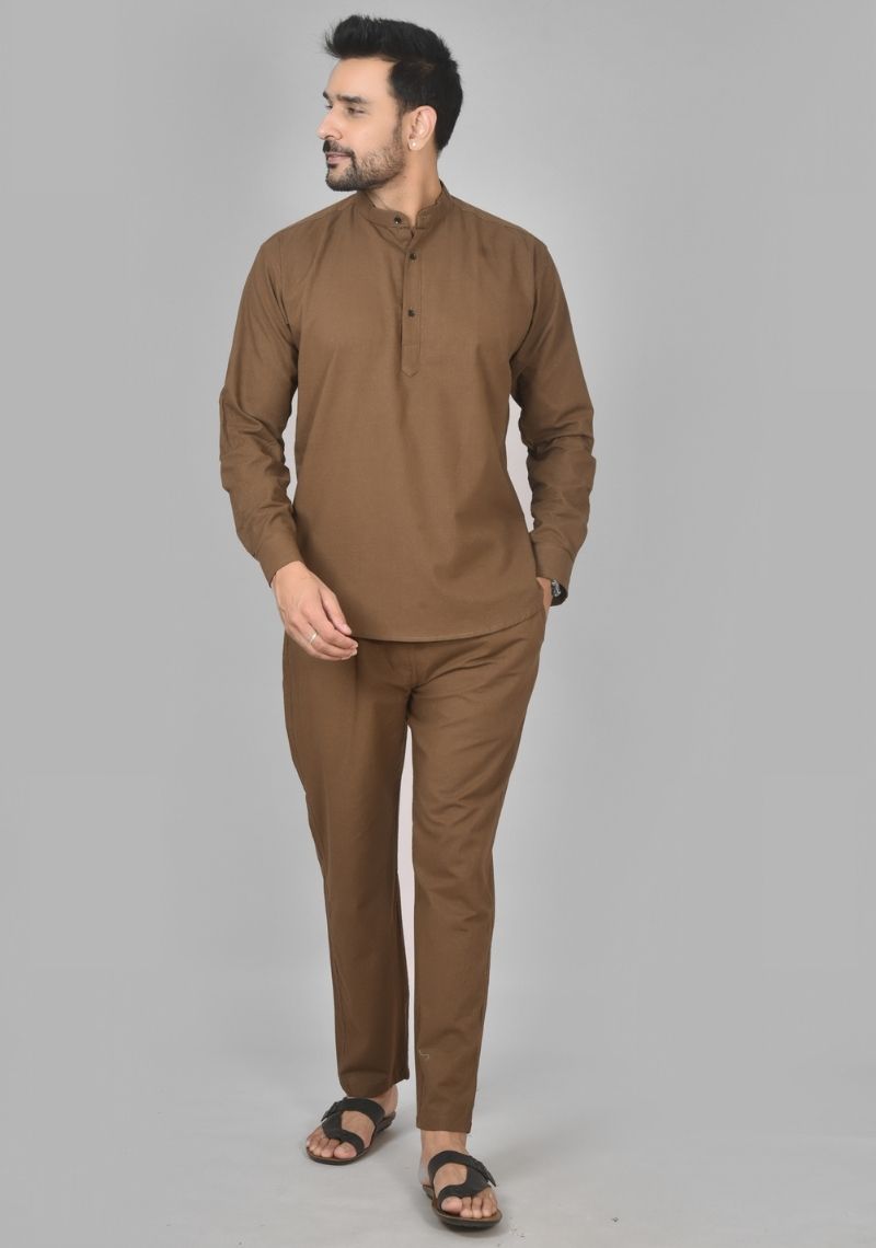 Men Cotton Solid Co-ord Set Brown-50209