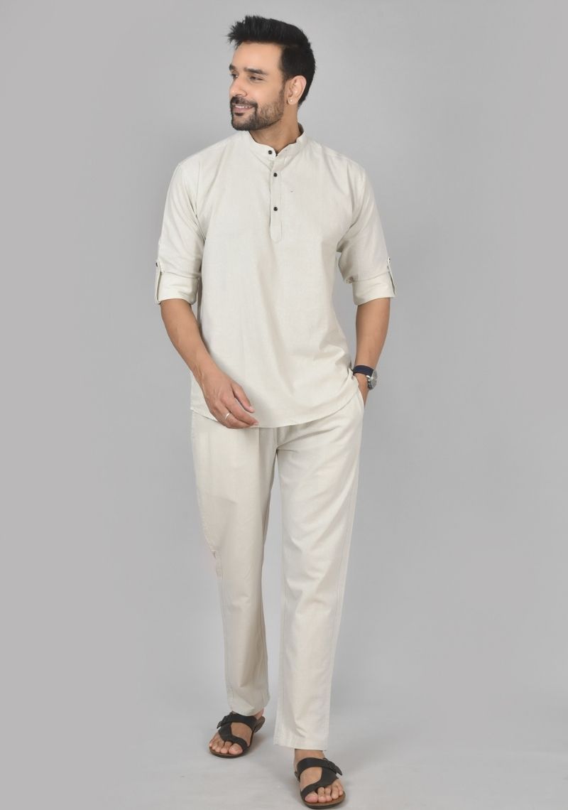 Men Cotton Solid Co-ord Set Cement White-50219