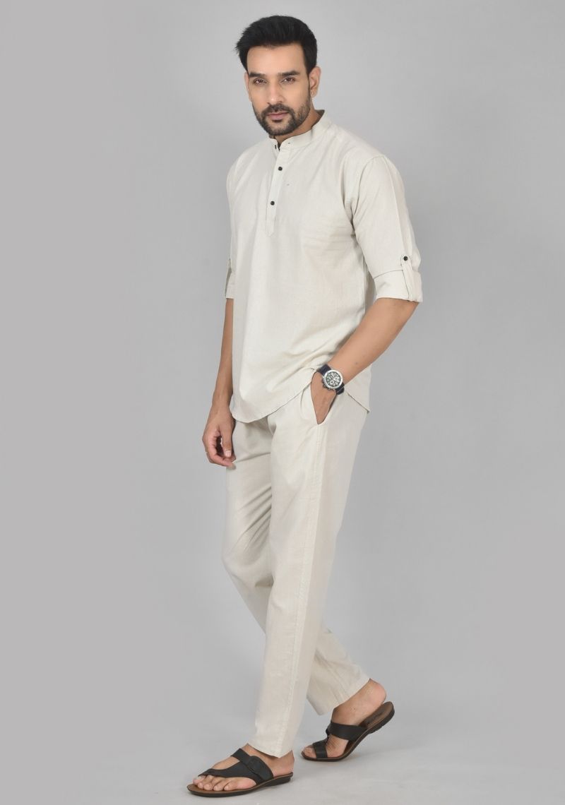Men Cotton Solid Co-ord Set Cement White-50219