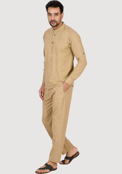 Men Cotton Solid Co-ord Set Dark beige-50221