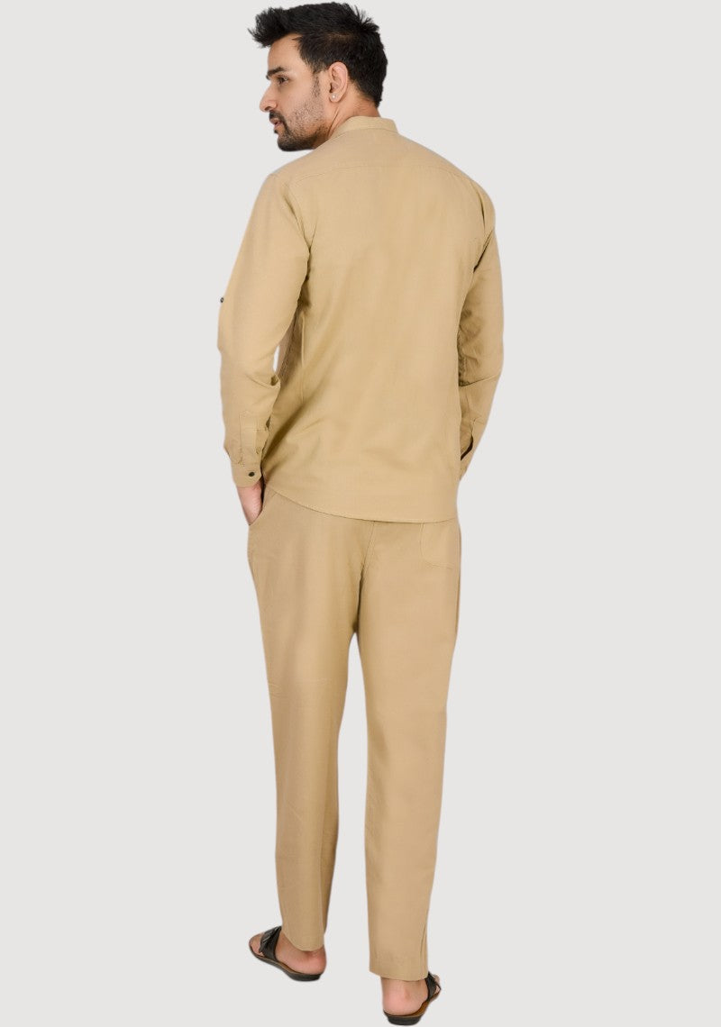 Men Cotton Solid Co-ord Set Dark beige-50221