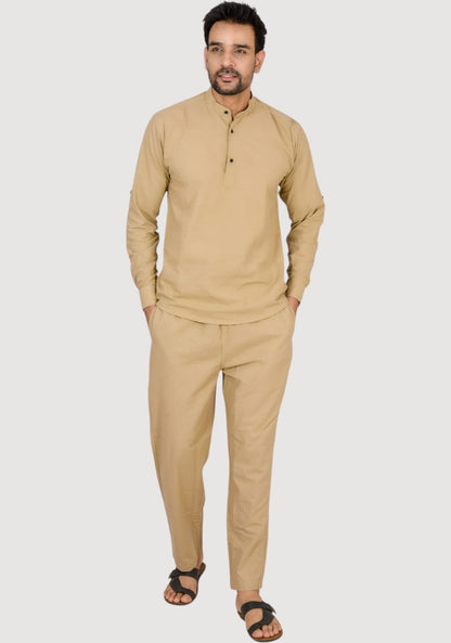 Men Cotton Solid Co-ord Set Dark beige-50221
