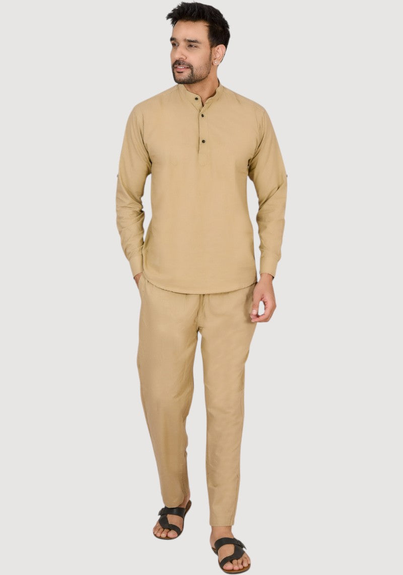 Men Cotton Solid Co-ord Set Dark beige-50221