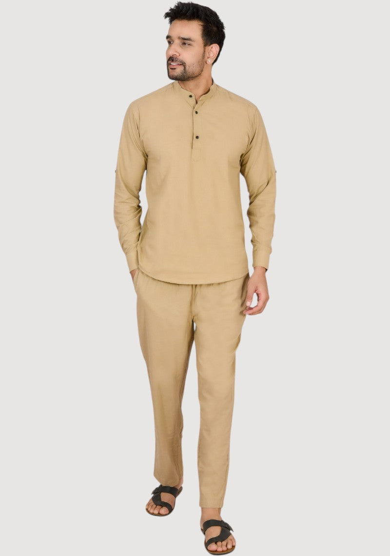 Men Cotton Solid Co-ord Set Dark beige-50221