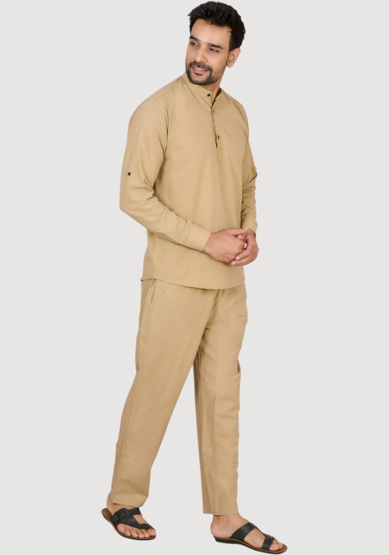 Men Cotton Solid Co-ord Set Dark beige-50221