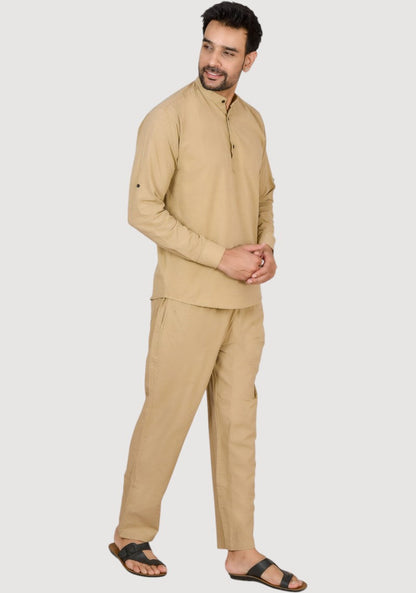 Men Cotton Solid Co-ord Set Dark beige-50221