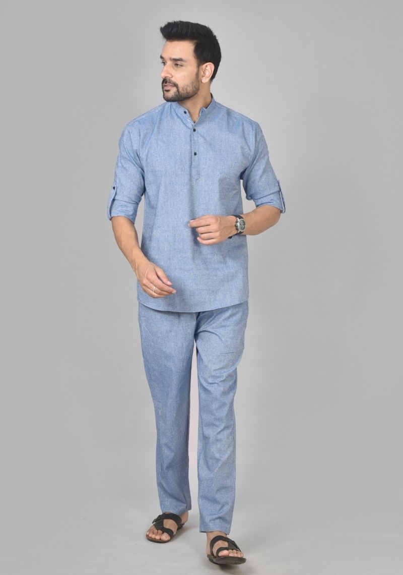 Men Cotton Solid Co-ord Set Denim-50211