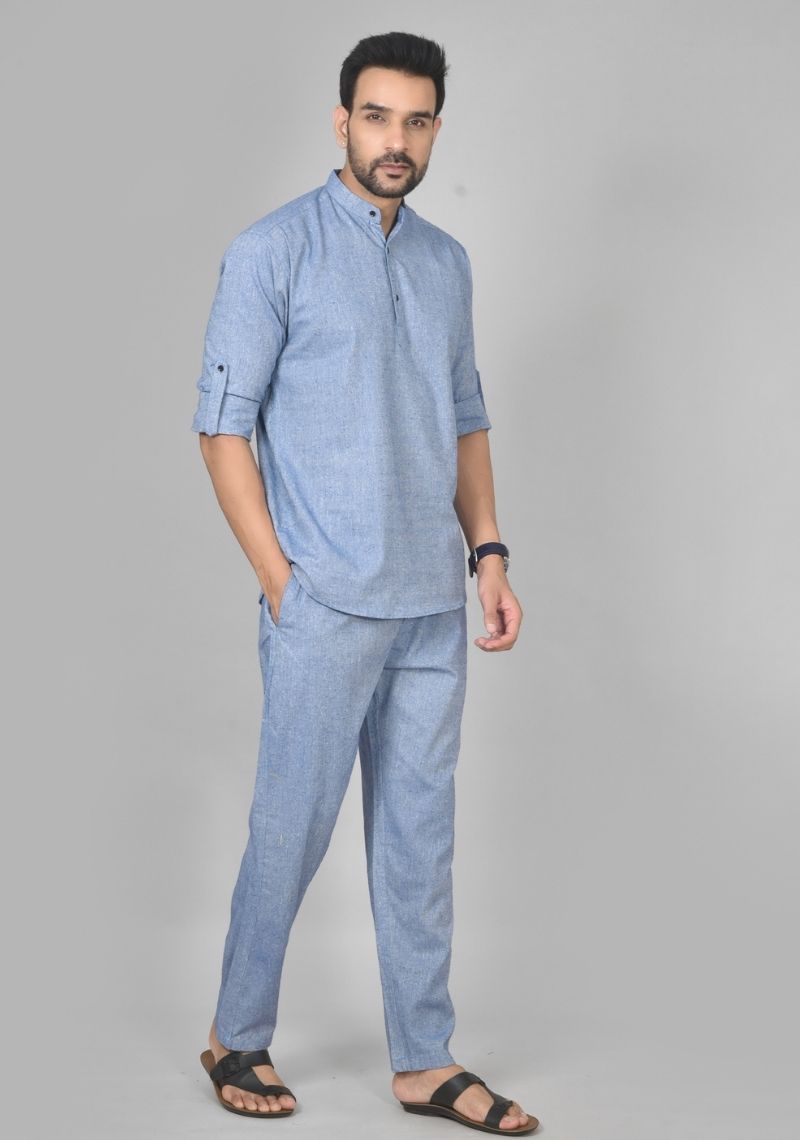 Men Cotton Solid Co-ord Set Denim-50211