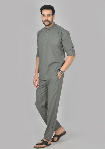 Men Cotton Solid Co-ord Set Gray-50218