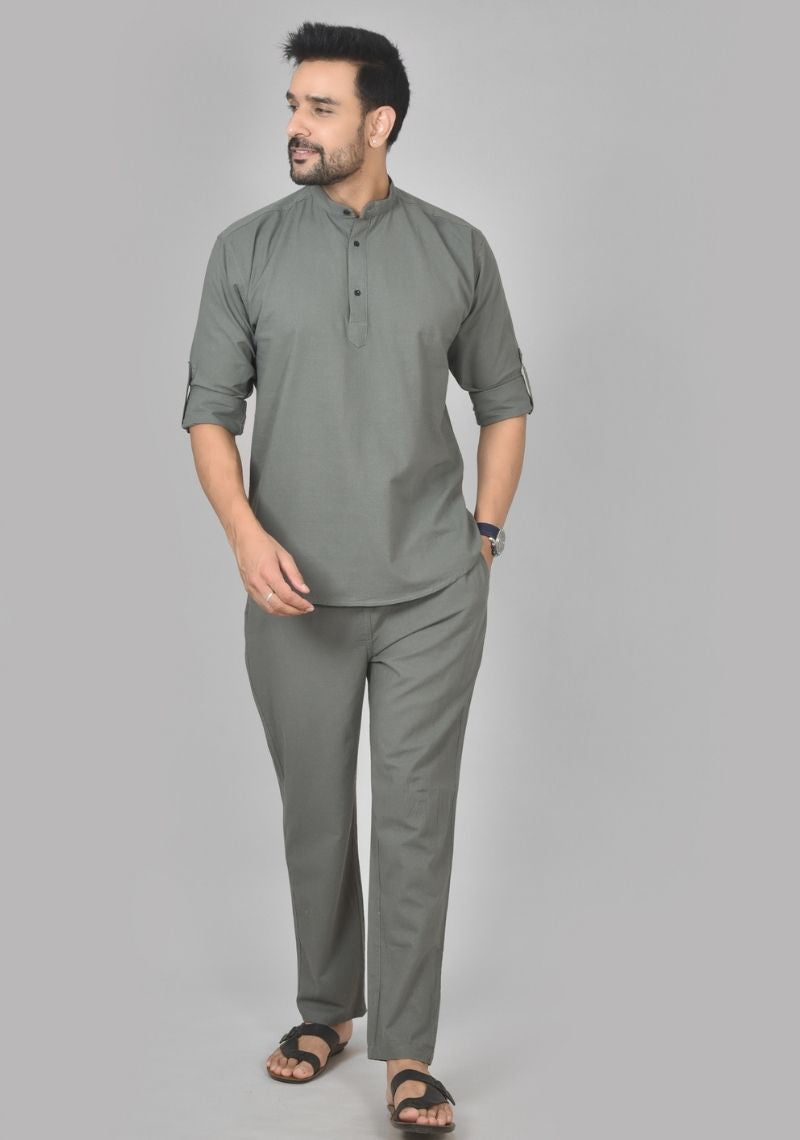 Men Cotton Solid Co-ord Set Gray-50218