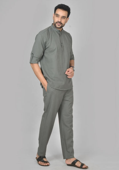 Men Cotton Solid Co-ord Set Gray-50218