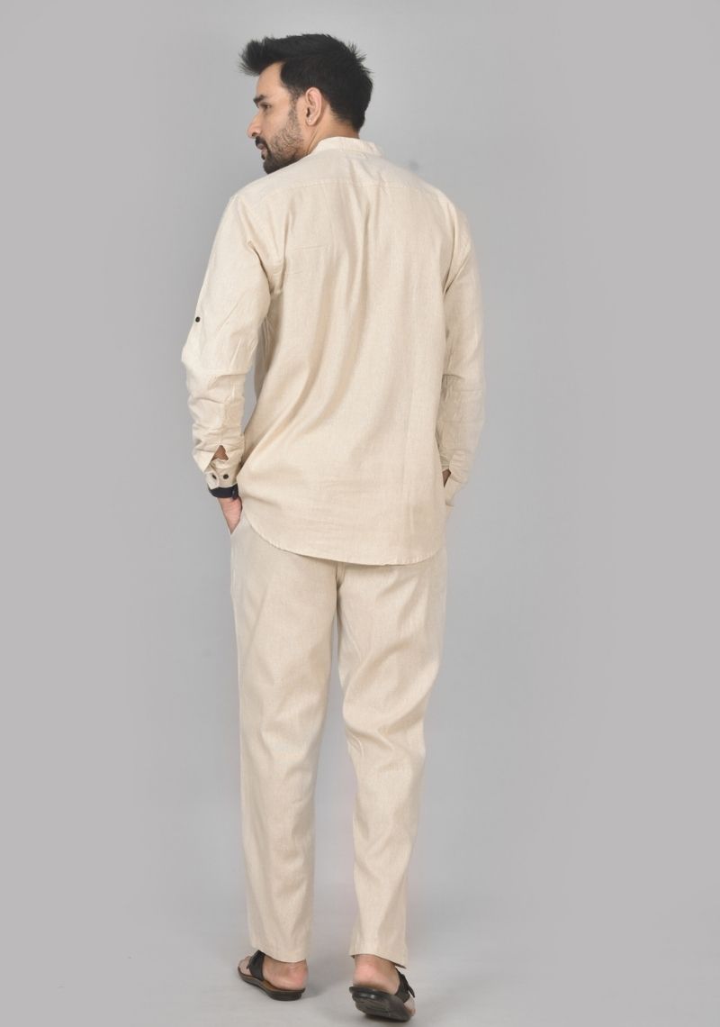 Men Cotton Solid Co-ord Set Light Beige-50216