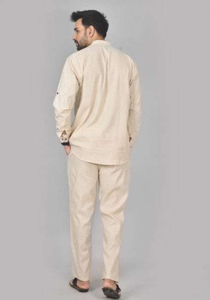 Men Cotton Solid Co-ord Set Light Beige-50216