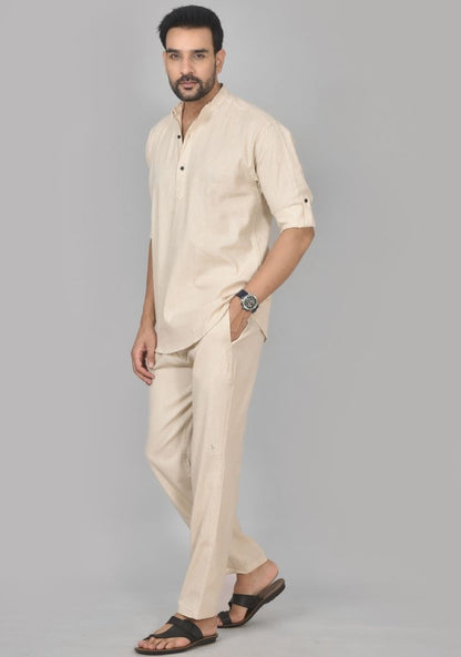 Men Cotton Solid Co-ord Set Light Beige-50216