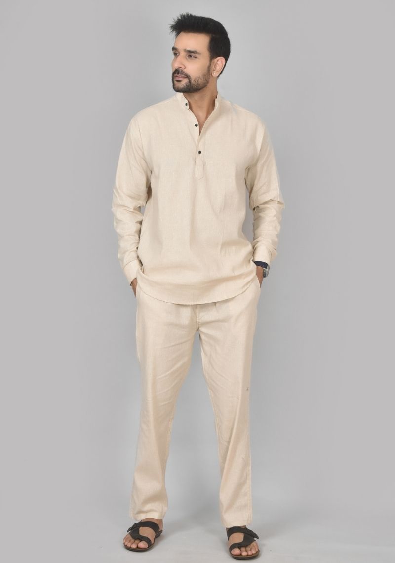 Men Cotton Solid Co-ord Set Light Beige-50216
