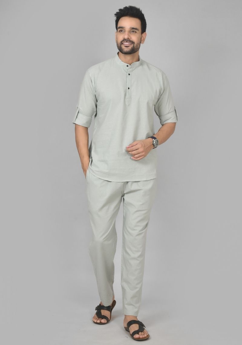 Men Cotton Solid Co-ord Set Light Gray-50210