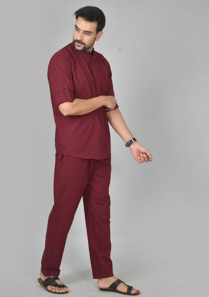 Men Cotton Solid Co-ord Set Maroon-50206