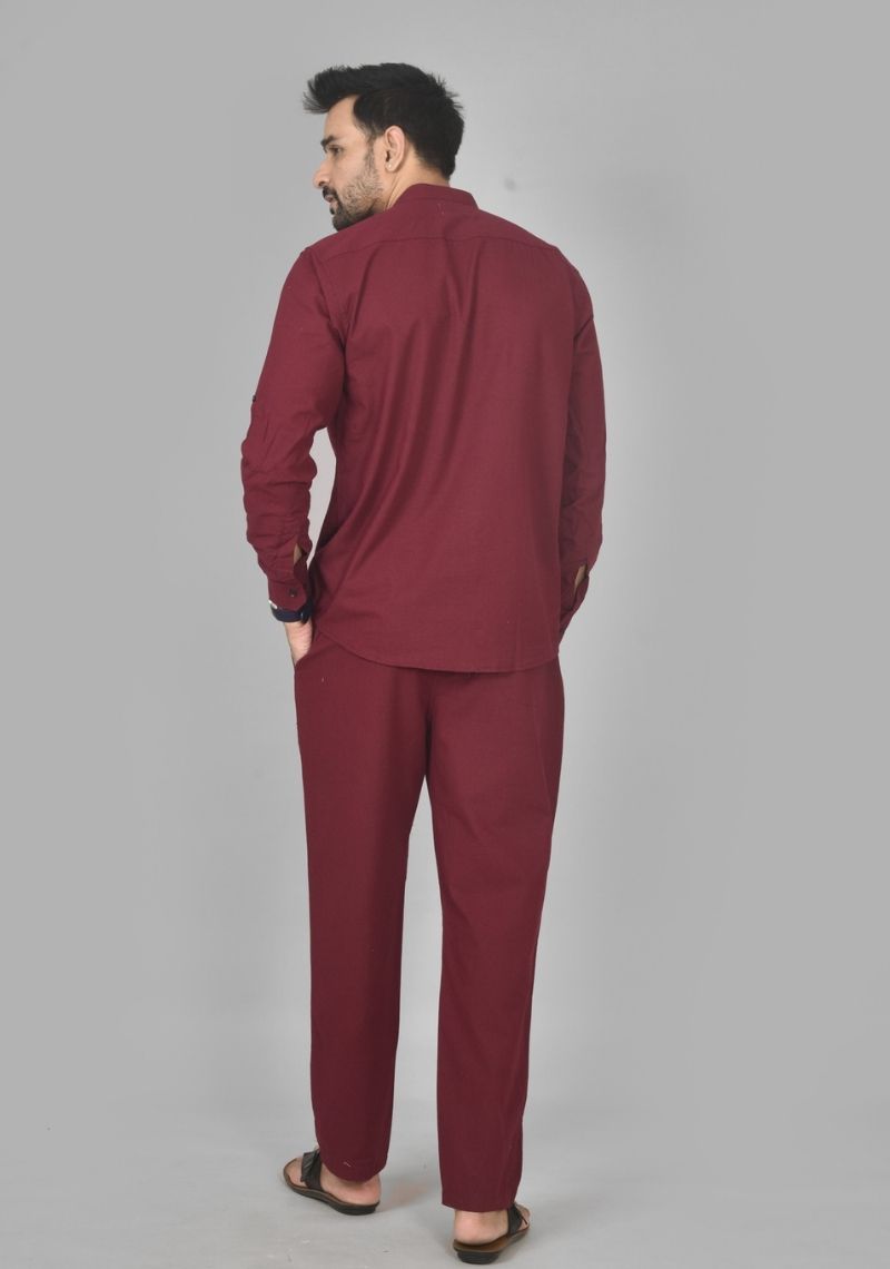 Men Cotton Solid Co-ord Set Maroon-50206