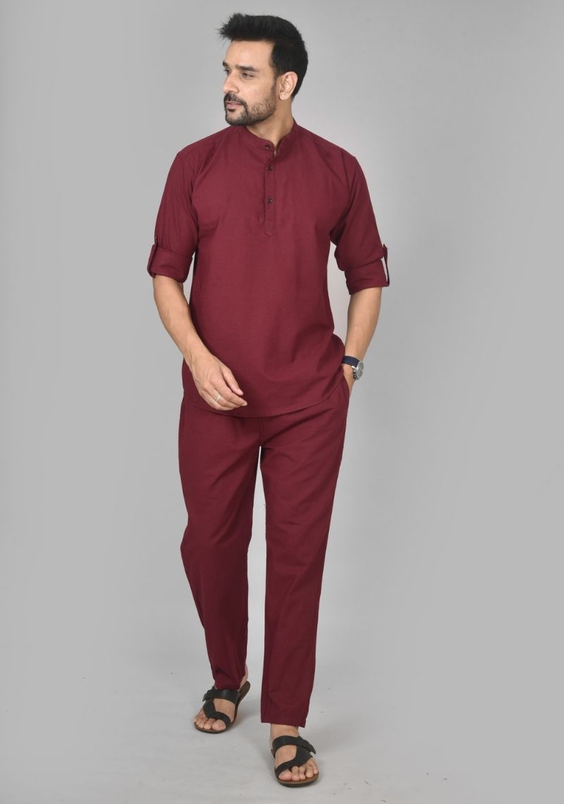 Men Cotton Solid Co-ord Set Maroon-50206