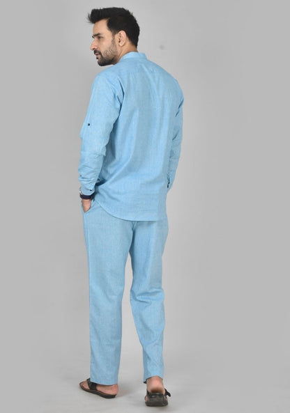 Men Cotton Solid Co-ord Set Sky Blue-50220