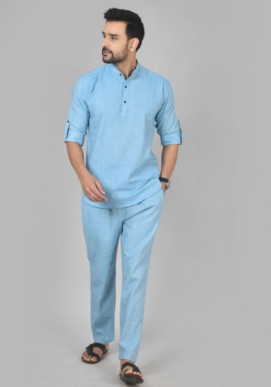 Men Cotton Solid Co-ord Set Sky Blue-50220