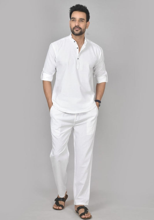 Men Cotton Solid Co-ord Set White-50214