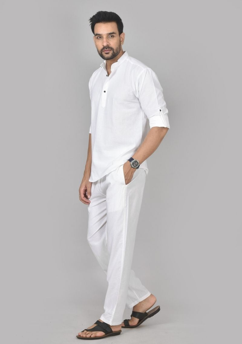 Men Cotton Solid Co-ord Set White-50214