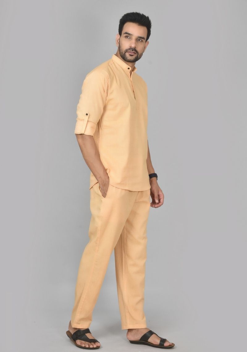 Men Cotton Solid Co-ord Set Yellow-50207