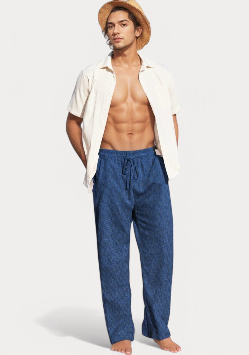 Navy Blue Cotton Linen Loose Fit Men Pant-49511