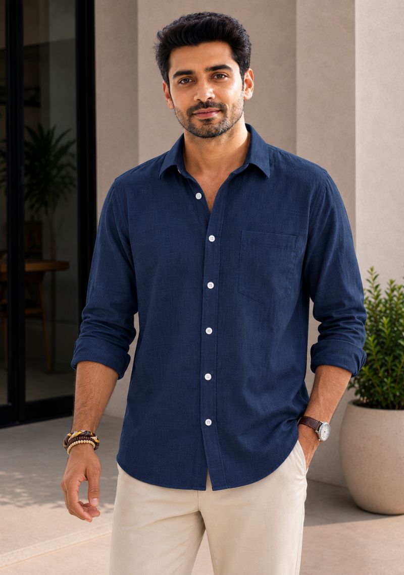Navy Blue Cotton Linen Relaxed Fit Full Sleeve Shirt-51875