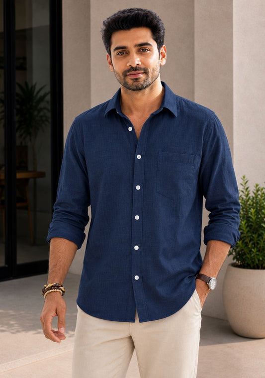 Navy Blue Cotton Linen Relaxed Fit Full Sleeve Shirt-51875