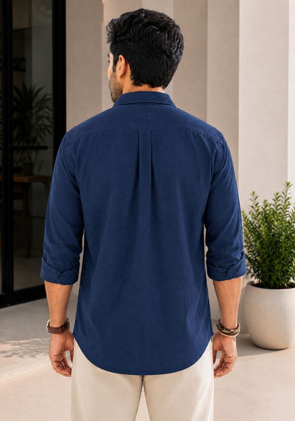 Navy Blue Cotton Linen Relaxed Fit Full Sleeve Shirt-51875