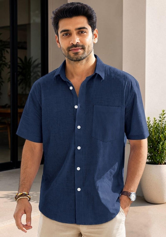 Navy Blue Linen Relaxed Fit Half Sleeve Shirt-51708