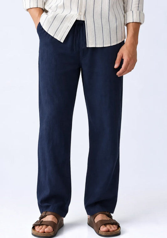 Navy Blue Linen Loose Fit Men Pant-51899