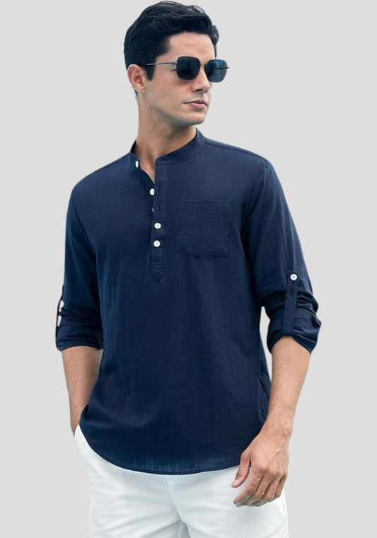 Navy Blue Linen Solid Short Kurta-50840